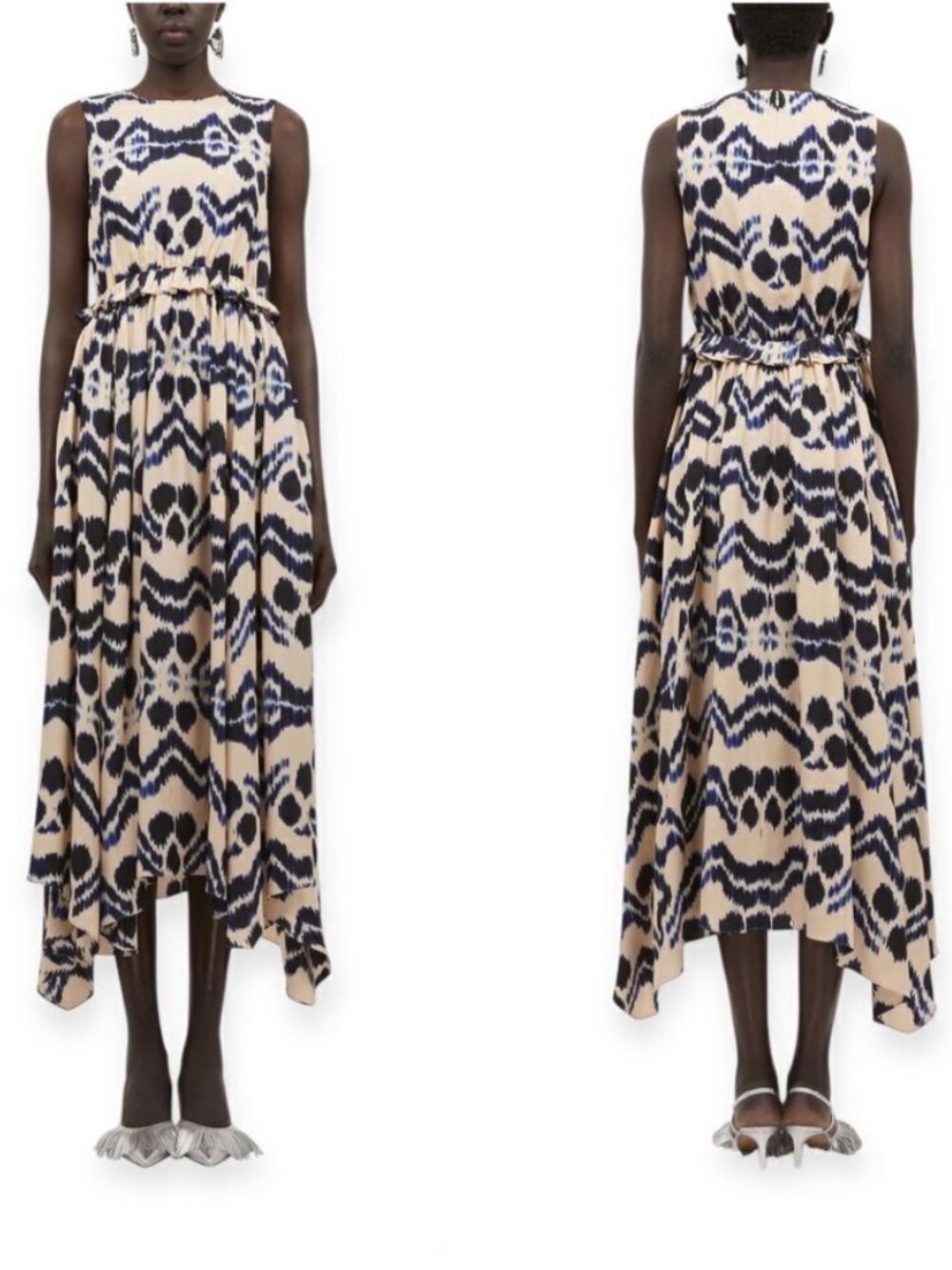 ULLA‎ JOHNSON Evita Dress Nimbus Midi Dress Ruffle Waist Size 6 Tie Dye Stretch